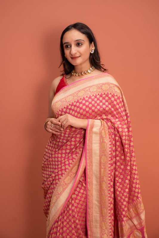 Gulabi Shahi bandhez Saree