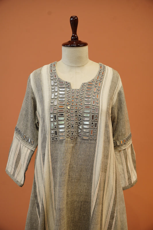 Grey Mirror Work Handloom Dress