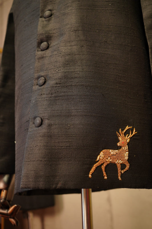 Midnight Black Raw Silk Safari Jacket