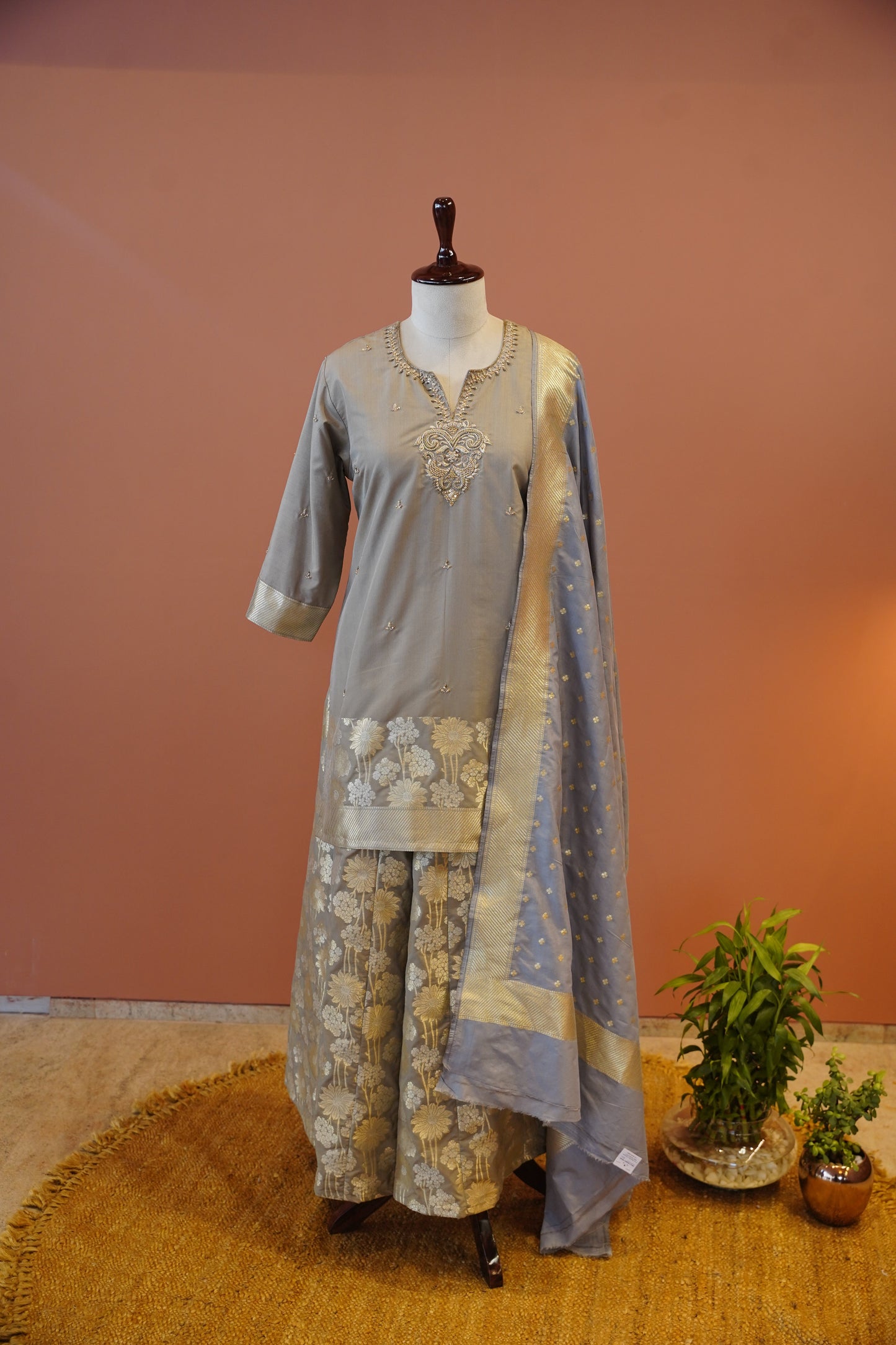 Chaandni Grey Banarasi Sharara set