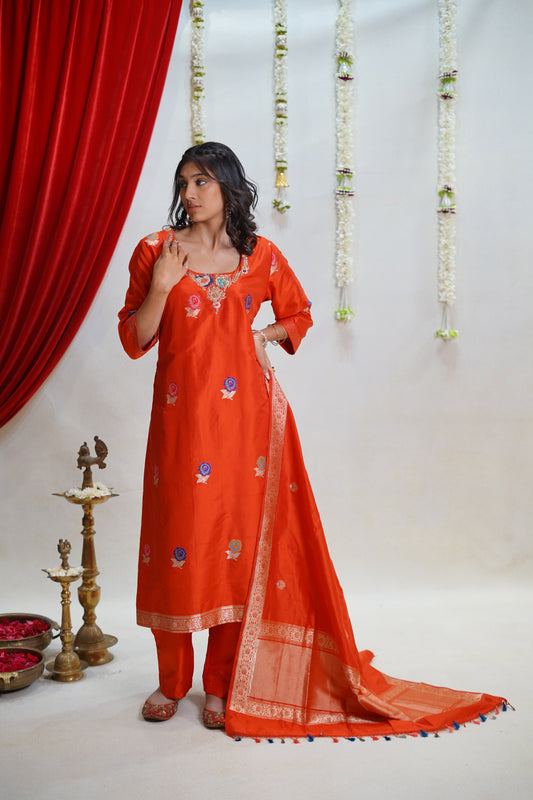 Red Silk Suit with Multicoloured Handwork