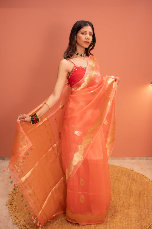 Sunehri Kesariya Leher Saree