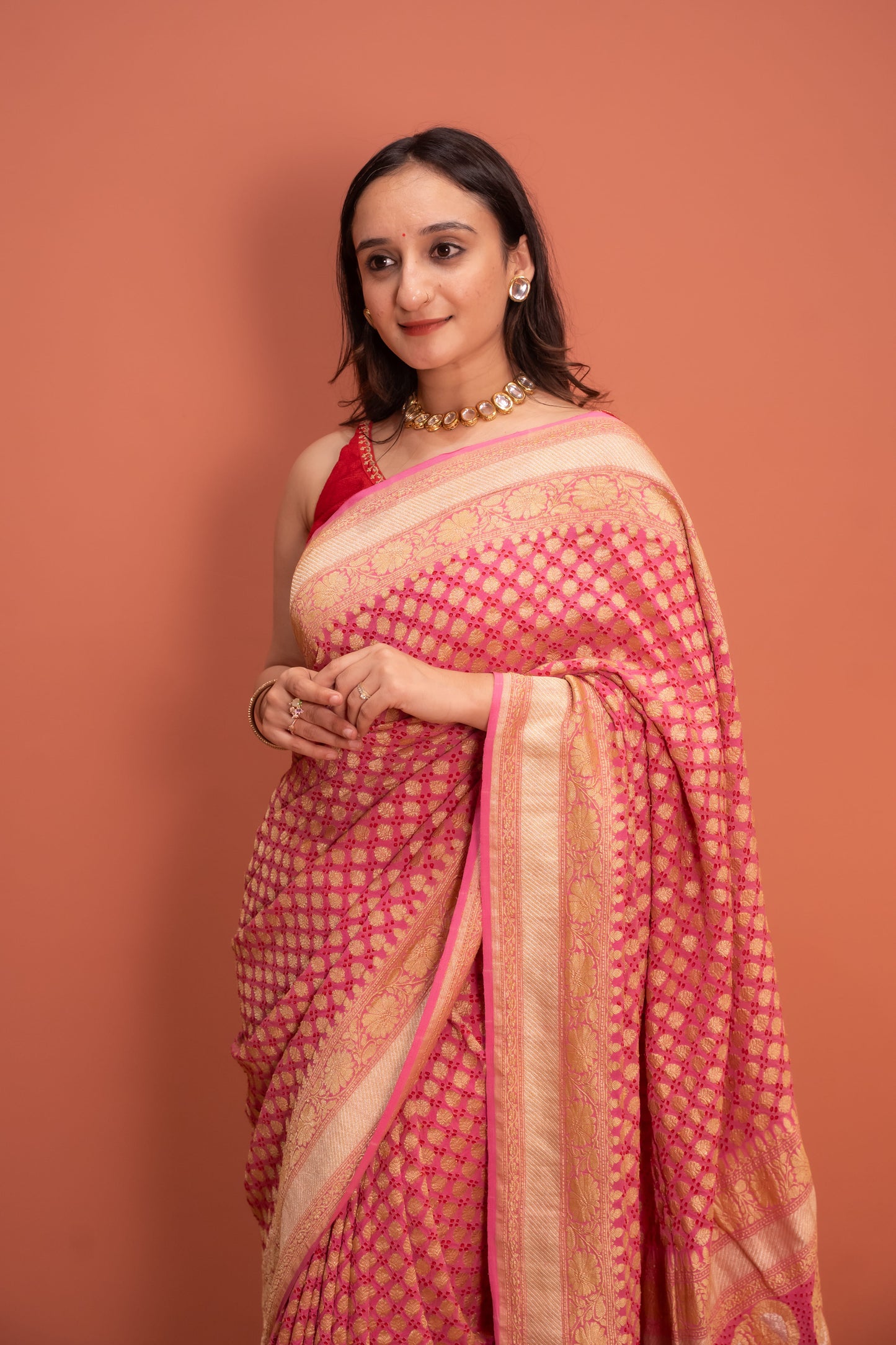 Gulabi Shahi bandhez Saree
