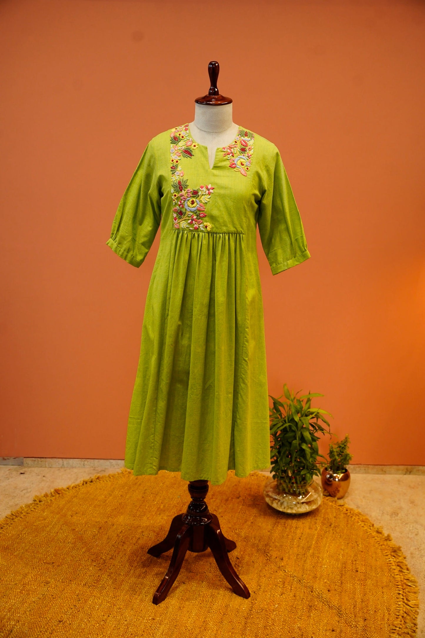Lime Floral Khadi One Piece