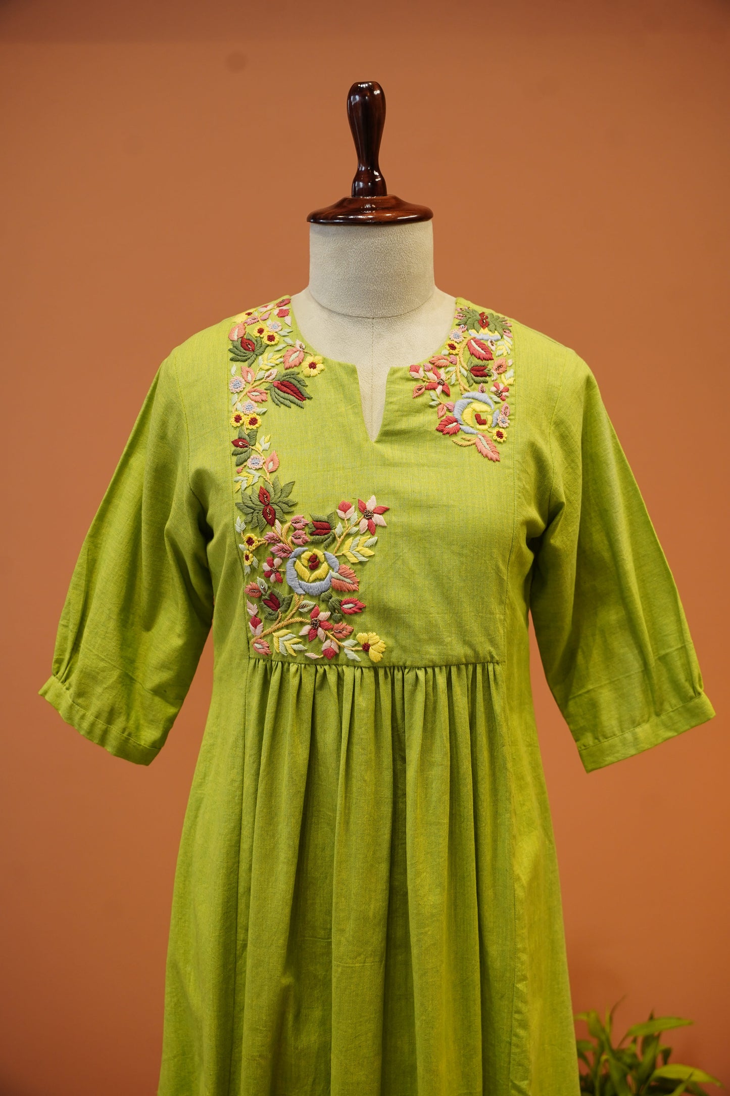 Lime Floral Khadi One Piece