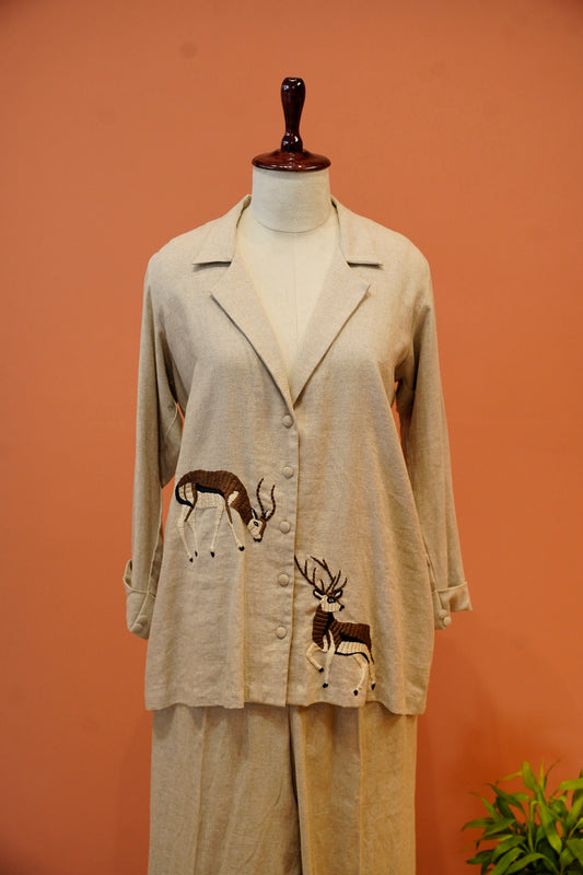 Beige Deer Embroidered Co-ord Set