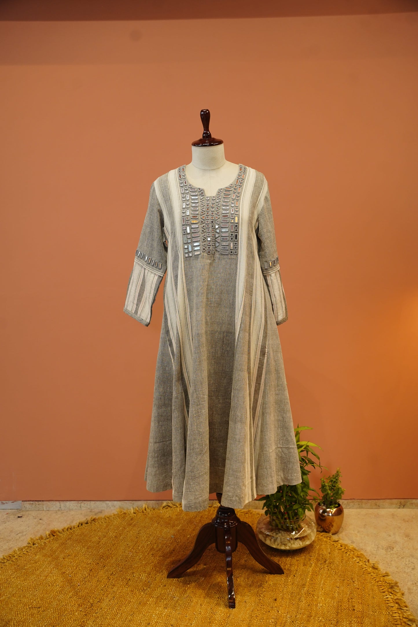 Grey Mirror Work Handloom Dress