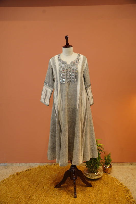 Grey Mirror Work Handloom Dress