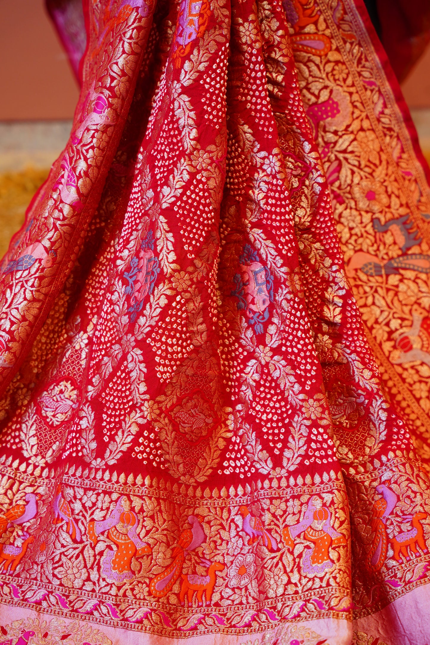 Red bandhej gharchola duppata