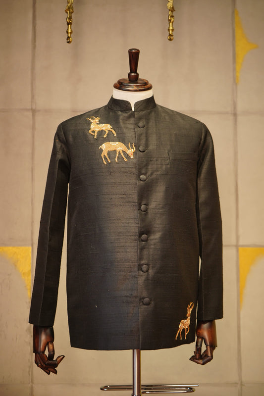 Midnight Black Raw Silk Safari Jacket