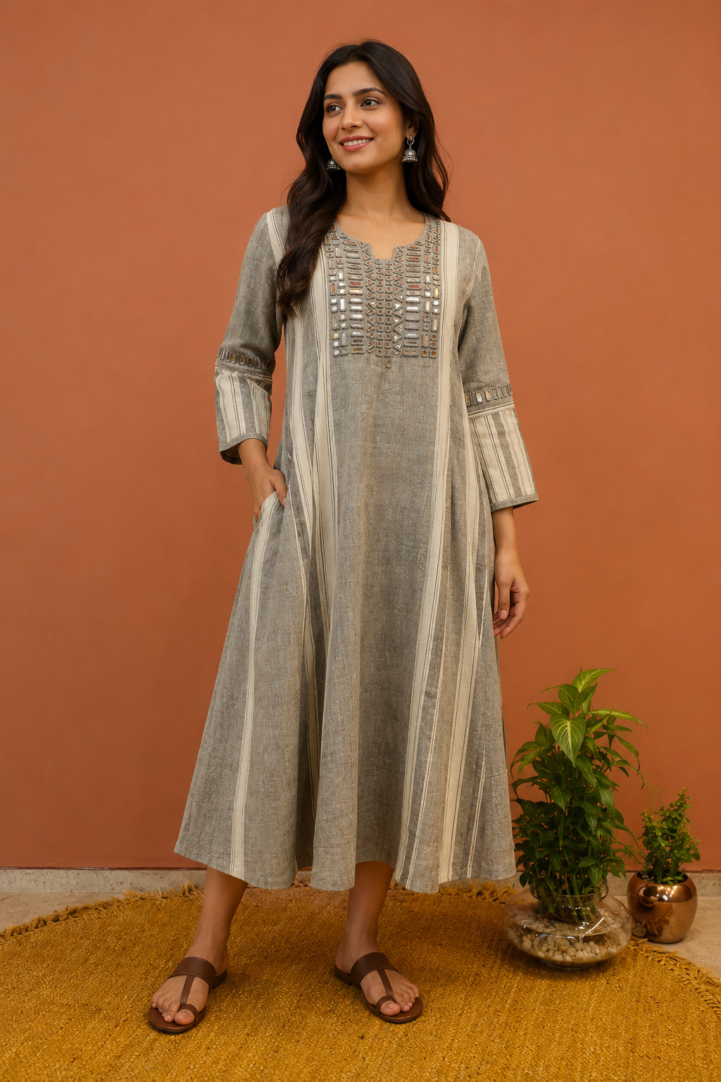 Grey Mirror Work Handloom Dress