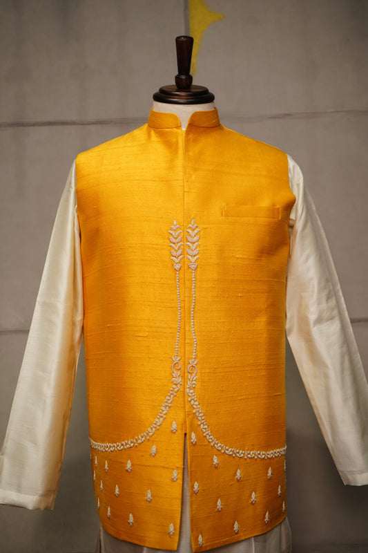 Sunshine Yellow Raw Silk Nehru Jacket